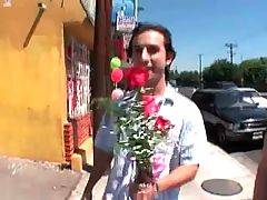 Guy presents pretty lady flowers and wants to get ...